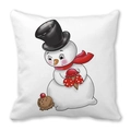 Detailed view of white Christmas pillow featuring a cartoon snowman print with red scarf - 18x18 Inch / Snowman with Red Ice Cream (30)