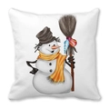 Detail showing a white square cushion with a cartoon snowman and winter Christmas theme - 18x18 Inch / Snowman with Brown Hat and Broom (29)