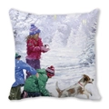 Christmas peach skin cushion cover with colorful winter oil painting of kids and dog - Kids Playing with Dog (17) / 45x45cm