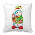Detail of soft peach skin cushion featuring a cute cartoon snowman with holiday candy cane - 18x18 Inch / Snowman in Polka Dot Sweater (24)