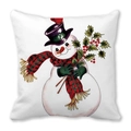 Macro shot of snowman print on white pillow featuring a purple hat and red cardinal bird - 18x18 Inch / Snowman with Holly Branch (23)