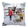 Merry Christmas square cushion cover featuring kids feeding reindeer in snow - Feeding Reindeer in Snow (18) / 45x45cm