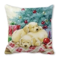 Coussin de Noël avec deux chiots Golden Retriever devant un sapin de fête décoré - Golden Retriever sur Couverture Écossaise (28)