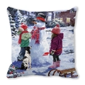 Christmas peach skin cushion with festive winter snowman and children oil painting print - Kids Snowman and Dog (19) / 45x45cm