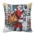 Square Christmas pillow cover featuring Santa Claus with gift bag on peach skin fabric - Snow Scene Forest Santa Style(18)