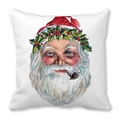 Vierkante kerstkussensloop met vintage kerstmanopdruk en hulst op een witte achtergrond - Vintage Kerstman Stijl (1)