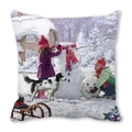 Square peach skin pillowcase with artistic oil painting of children building a snowman - Building Snowman Scene (20) / 45x45cm