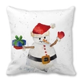 Vierkant kerstkussen met sneeuwpop, rode muts en blauw cadeau op een witte achtergrond - Sneeuwpop met Cadeaudoos Stijl (2)