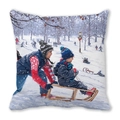 Christmas cushion cover with kids on sled oil painting in snowy forest scene - Forest Sledding Scene (21) / 45x45cm