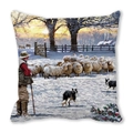 Christmas peach skin pillow cover with winter sunset oil painting and shepherd motif - 18x18 Inch / Pastoral Sheep (6)