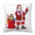 Kerstkussen met kerstman-aquarelillustratie op zachte witte perzikhuid polyester stof - Kerstman met Teddybeer Cadeau Stijl (3)