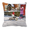 Christmas Peach Skin Cushion featuring a winter oil painting scene with kids and a dog - Mailing Letter with Dog (22) / 45x45cm