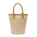 Minimalistische beige gewebte Strohtasche mit khakifarbenen Segeltuchgriffen für Sommer - Beige