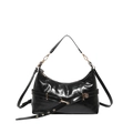 Glossy black leather crescent shoulder bag with golden hardware and adjustable strap - Black