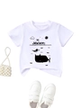 Detail van wit kinder-T-shirt van katoen met print van walvis en schip op de borst - 90cm / Wit