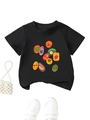 Detailed close-up of a kids black cotton t-shirt with colorful fruit sticker prints - 90cm / Black