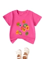 Detail of vibrant fruit print on pink cotton t-shirt with elegant white Mary Jane shoes - 90cm / Rose Red