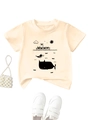Détail d'un t-shirt enfant crème avec motif baleine et bateau de chat aux thèmes marins - 90cm / Abricot