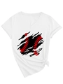 Close-up of white V-neck T-shirt featuring a ripped baseball print and stylish hem knot - White