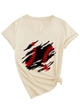 Detail of V-neck baseball print T-shirt with rolled sleeves and knotted hem design - Sand