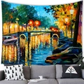 Detailed close-up of a night city scene oil painting tapestry above a modern gray sofa - 150x100cm / Peach Skin / Night Bridge River Style (1)