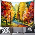 Detail of impressionist oil painting tapestry showing autumn forest path over a gray sofa - 100x70cm / Red Yellow Forest Path Style (3)