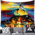 Artistic oil painting style wall tapestry showing a castle at sunset over a gray sofa - 150x100cm / Peach Skin / Hilltop Castle Style (4)