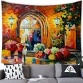 Detailed texture of watercolor streetscape wall tapestry above a gray sofa - 100x70cm / Floral Building Street Style (5)