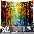 Detailed texture of forest oil painting tapestry hanging above a grey fabric sofa - 150x100cm / Peach Skin / Autumn Forest Path Style (6)