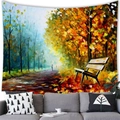 Artistic oil painting tapestry featuring a golden autumn forest path with a wooden bench - 100x70cm / Forest Bench Style (7)