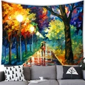 Detail of impressionist watercolor street scene tapestry on a cozy living room wall - 100x70cm / Rainy Night Couple Walk Style (10)