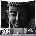 Detailed texture of black and white Buddha wall tapestry hanging in a modern living room - Style 5