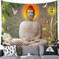 Zen Buddha meditation tapestry hanging over a gray sofa in a modern living room - Style 10