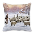Square peach skin pillowcase featuring artistic oil painting of winter sheep herding scene - 18x18 Inch / Village Shepherd At Sunset (10)