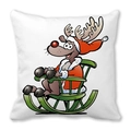White Christmas pillow cover featuring a cute cartoon reindeer on a green rocking chair - 18x18 Inch / Reindeer on Sled Frame Style (7)