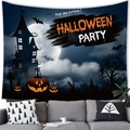 Détail d'une tapisserie d'Halloween avec silhouette de château suspendue au-dessus d'un canapé - 100x70cm (Peau de pêche) / Château en silhouette bleu foncé et orange (5)