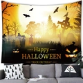Détail d'une tapisserie d'Halloween avec citrouilles lumineuses et chauves-souris - 100x70cm (Peau de pêche) / Cimetière contrasté orange et noir (9)