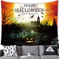 Détail d'une tapisserie de citrouille d'Halloween au-dessus d'un canapé pour décor festif - 100x70cm (Peau de pêche) / Église de la pleine lune orange-jaune (8)