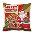Detailansicht eines roten Weihnachtskissenbezugs mit Weihnachtsmann, Baum und Geschenken - Roter Streifen Cartoon Weihnachtsmann Geschenkkarton Stil (11)