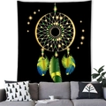 Dreamcatcher wall tapestry with colorful feathers on black background over a modern sofa - 100X70 / Native American Style Dreamcatcher (16) / 【product Attributes】this Product Is A 【wall Hanging Tapestry/background Cloth】 With A Main Pattern Of A 【native American Dreamcatcher】 Including 【feather Decorations】composed Of Yellow Green And Blue And A 【pure Black】 Background. 【visual Presentation】the Image Uses A 【home Scene Rendering】 Format Showing The Tapestry Hanging Above A Sofa. Image Quality Is 【high】 【details Are Clear】. Aesthetics Are 【medium】 Rating 【7.2】 【the Main Issue Is The Poor Integration Of The Tapestry Pattern With The Background The Edges Are Too Flat And Lack Fabric Texture Presenting A Noticeable Post-processed Texture】. 【text Content】no Extracted Text In The Image. 【logistics Labels】none. 【infringement Risk】product Infringement: None Uses Common Dreamcatcher Elements; Background Infringement: None. 【product Parameters】specific Specifications Are Not Shown In The Image Only The Visual Effect Is Displayed.