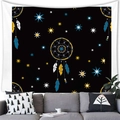 Detailed view of dreamcatcher tapestry with blue feathers hanging over a sofa in a modern room - 150x130 / Blue Yellow Star Dreamcatcher Style (15)