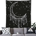Detail of bohemian dreamcatcher tapestry with moon and feathers over a sofa - 100X70 / Crescent Moon Dreamcatcher Style (14) / 【product Attributes】this Product Is A Rectangular Tapestry With A Deep Black Background And White Line Patterns. The Design Blends Nordic Inspiration With Bohemian Style Featuring A Beautiful Crescent Dreamcatcher As Its Core Element Adorned With Delicate Feathers Beads And Geometric Lines Surrounded By Dense Stars And Shooting Stars. The Material Appears To Be A Lightweight And Smooth Polyester Fabric. 【visual Presentation】the Image Showcases An Indoor Scene With The Tapestry Hanging Above A Gray Fabric Sofa Paired With Cushions Featuring Tree Patterns Creating A Simple And Modern Atmosphere. Image Quality Is High With Clear And Even Exposure. Aesthetic Appeal Is High With An Overall Score Of 8.2. The Background Color Temperature Is Highly Integrated With The Product Providing Excellent Visual Breathing Room. 【text Content】no Overlaid Text Brand Logos Or Watermarks In The Image. 【logistics Labels】none. 【infringement Risk】product Infringement: None. Background Infringement: None. Probability Of Infringement: 0.0%. 【product Parameters】product Form: Tapestry; Pattern Elements: Moon Dreamcatcher Feathers Stars.