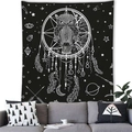 Detail of owl dreamcatcher wall tapestry hanging above a modern sofa in a cozy room - 100X70 / Owl Dreamcatcher Style (13) / 【product Attributes】this Product Is A Black And White Decorative Tapestry. The Main Pattern Is Drawn With Delicate White Lines Featuring An Owl At The Center Of A Dreamcatcher. The Background Is Adorned With Mystical Elements Such As Stars Moons Eyes Crystals And Geometric Symbols. 【visual Presentation】the Image Uses A Realistic Home Setting Photo. The Tapestry Hangs Above A Gray Modern Sofa Paired With Cushions Of Different Patterns. The Overall Color Scheme Is Harmonious And Unified Creating A Warm And Highly Designed Interior Atmosphere. The Image Has High Resolution And Soft Lighting. The Overall Aesthetic Score Is 8.2 With Good Overall Breathability And A Good Product Texture. 【text Content】no Post-processed Text Store Watermarks Brand Logos Or Text Inherent In The Props Were Detected In The Entire Image. 【logistics Labels】none. 【infringement Risk】the Product Design Belongs To A General Art Style And No Specific Brand Infringement Or Ip Mark Was Found. The Probability Of Infringement Is Extremely Low. The Background Is Regular Furniture With No Infringement Risk. 【product Parameters】the Size Is Not Clearly Marked In The Image But It Appears To Be A Medium To Large-sized Indoor Background Tapestry.