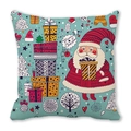 Detailaufnahme von Weihnachtsmann-Motiv auf weichem blauem Kissenbezug - Hellblau Weihnachtsmann Geschenkkarton Illustration Stil (26)