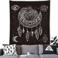Detail of bohemian dreamcatcher tapestry with moon and crystals on a white wall - 100X70 / Occult Mandala Style (8) / 【product Attributes】this Product Is A Large-sized Black Decorative Tapestry Visually Made Of Polyester Fiber Or Lightweight Fabric. The Design Features A Strong Mystical And Bohemian Style With White Lines Outlining Elements Such As The Moon Crystal Clusters Feathers Dreamcatchers The All-seeing Eye And Complex Geometric Star Charts. 【visual Presentation】the Image Is Taken From An Indoor Home Perspective With The Tapestry Hanging Flat On A White Background Wall Complemented By A Gray Modern Sofa And Various Patterned Cushions. The Overall Lighting Is Natural With A Clear Contrast Between Black And White Creating A Tranquil And Artistic Feel. Image Quality Is High With Sharp Details. Aesthetic Appeal Is High With An Overall Score Of 8.8 Offering Rich Visual Layers And A Unified Sense Of Space. 【text Content】the Entire Image Contains No Printed Or Overlaid Text. 【logistics Labels】none. 【infringement Risk】the Main Body Of The Product Is A General Artistic Pattern Without Specific Brand Logos Or Infringing Ips; The Background Props Do Not Display Any Brand. Infringement Probability Is 0.0. 【product Parameters】the Color Is Black Background With White Image And The Style Is Positioned As Nordic/mystical/mandala Decoration.