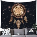 Detail of dreamcatcher tapestry with watercolor feathers hanging above a living room sofa - 150x130 / Golden Starry Sky Dreamcatcher Style (7)