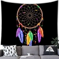 Detailed view of a dreamcatcher tapestry with vibrant feathers over a modern grey sofa - 150x150 / Colorful Dreamcatcher Style (1)