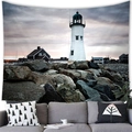 Watercolor nautical tapestry featuring a coastal lighthouse and house over a sofa - 150x100cm / Neutral Coastal House (Peach Skin)