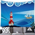 Detail of nautical tapestry featuring a lighthouse and sailboat design over a grey sofa - 150x100cm / Cartoon Nautical Sailboat (Peach Skin)
