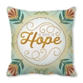 Dettaglio cuscino verde menta con motivi floreali dorati e scritta Be Joyful in Hope - 45*45cm / Design BE JOYFUL Corona Verde Menta (36)